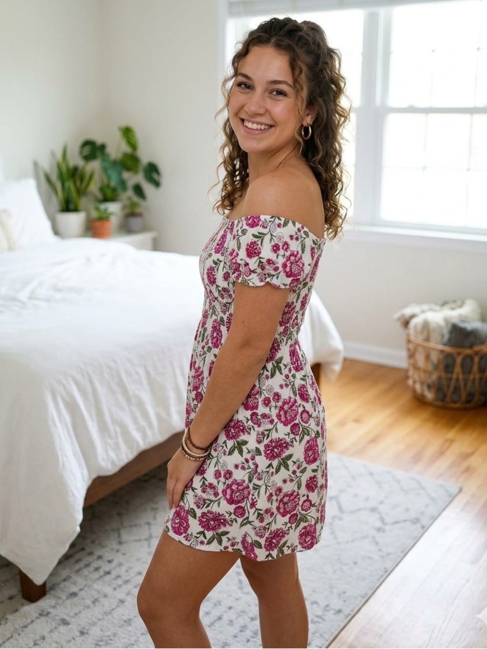 Ambiance White Floral Off-Shoulder Smocked Mini Dress Sz small
